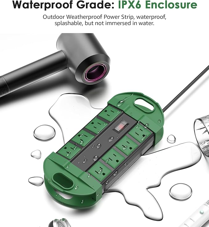 CCCEI Outdoor Power Strip Weatherproof with 8 Plug, Waterproof Extension Cord with Multiple Outlets, Christmas Exterior Garden Yard Surge Protector 6FT, Green.