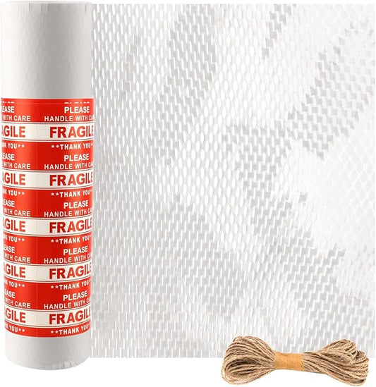 JAPCHET 15 In x 164 Ft White Honeycomb Packing Paper, Honeycomb Paper with Sticker Labels and 10 m Rope Honeycomb Wrap Roll for Packaging and Shipping-DeskLoop Office