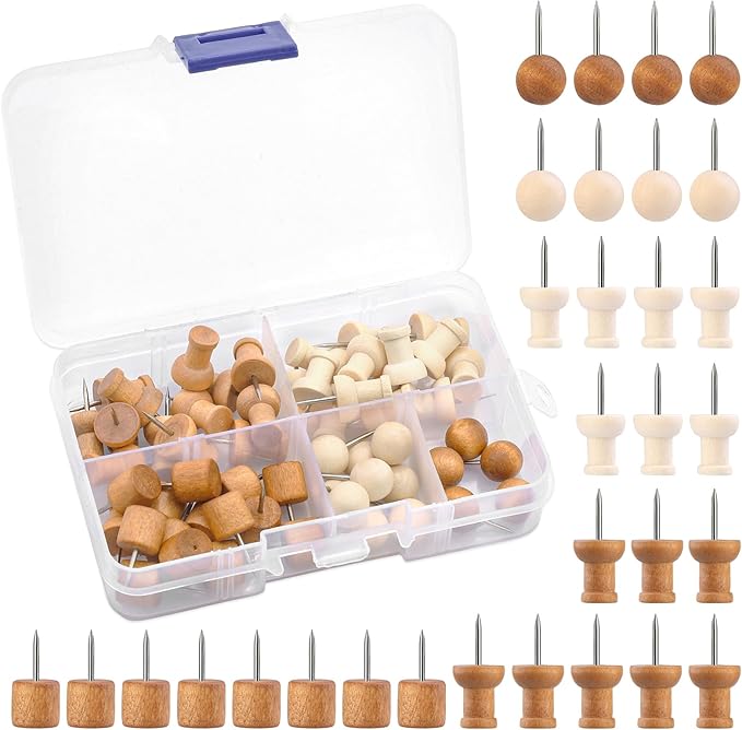 60 Pcs Wood Push Pins, 2 Colors and 5 Types Decorative Thumb Tacks Wooden Head Pin Map Tacks Marking Pin, Wood Thumb Tacks Decorative for Bulletin Boards Craft Projects with Storage Box-DeskLoop Office