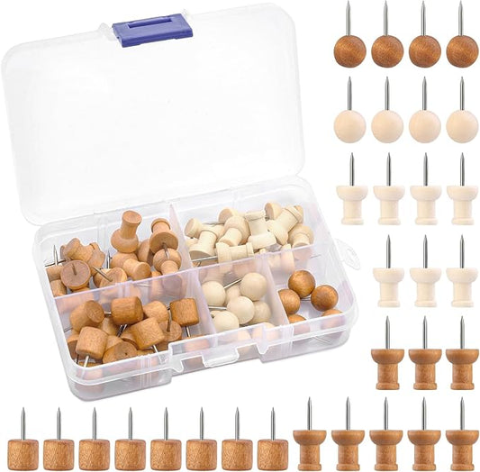 60 Pcs Wood Push Pins, 2 Colors and 5 Types Decorative Thumb Tacks Wooden Head Pin Map Tacks Marking Pin, Wood Thumb Tacks Decorative for Bulletin Boards Craft Projects with Storage Box-DeskLoop Office