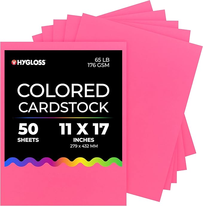 Hygloss Pink Bright Colored Cardstock - 11x17-Inch, 50 Sheets, 65 lb/ 176 gsm, Fade-Resistant, Acid-Free Color Card Stock Paper-DeskLoop Office
