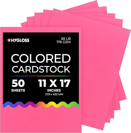 Hygloss Pink Bright Colored Cardstock - 11x17-Inch, 50 Sheets, 65 lb/ 176 gsm, Fade-Resistant, Acid-Free Color Card Stock Paper-DeskLoop Office