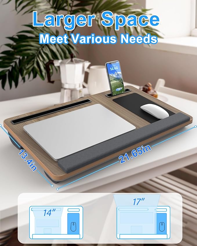 Laptop Lap Desk, Portable Large Laptop Desk for Bed, Up to 17 in Lap Table with Wrist Rest, Mouse Pad, Tablet Phone Slot, Portable Handle, Cushion (Dark Brown Woodgrain)-DeskLoop Office