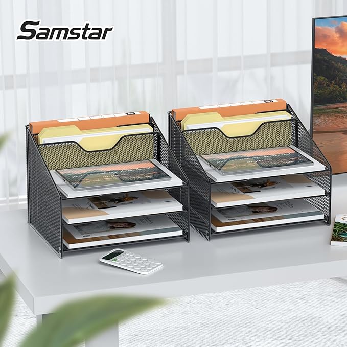 Samstar 2 Pack Mesh Desk File Organizer Letter Tray Holder, Desktop File Folder Holder with 3 Paper Trays and 2 Vertical Upright Section, Black-DeskLoop Office