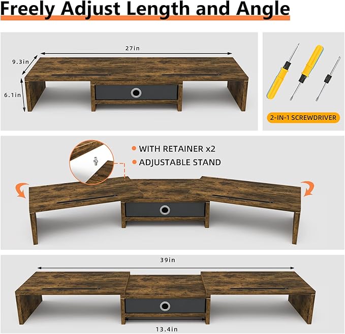 WESTREE Dual Monitor Stand Riser with Drawer, 3 Shelf Computer Monitor Riser with Adjustable Length and Angle, Desktop Monitor Stand Riser Storage Organizer for 2 Monitors-DeskLoop Office