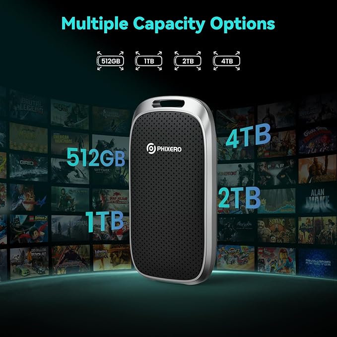 PHIXERO P5 1TB External Portable SSD - 5Gbps External Hard Drive with 2-in-1 USB C to C & USB C to A Cable for PC, Mac, PS5, Xbox | Anti-Shock, Compact Design with Lanyard Hole,Black-DeskLoop Office