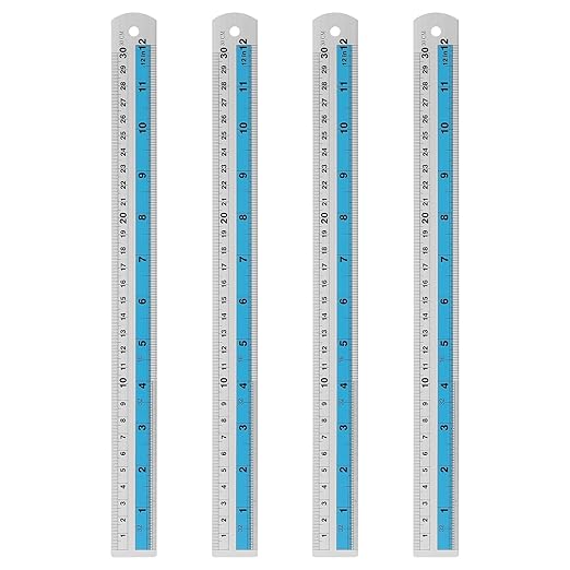 HARFINGTON 4pcs Metal Straight Ruler 30cm Metric SAE Aluminum Alloy Measuring Rulers Scale Tools with Hole for Measure Study Reading Classroom Office, Blue-DeskLoop Office