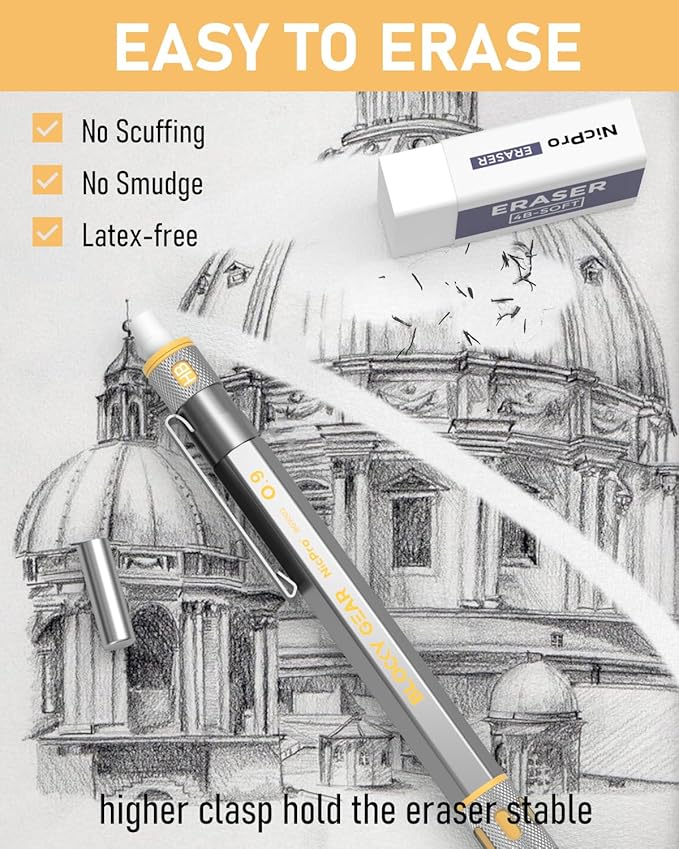 Nicpro Blocky Gear 0.9 mm Mechanical Pencils Set in Case, Metal Pencil with 0.9mm HB Lead Refills, Eraser for Professional & Adult Art Writing Drafting Drawing-DeskLoop Office