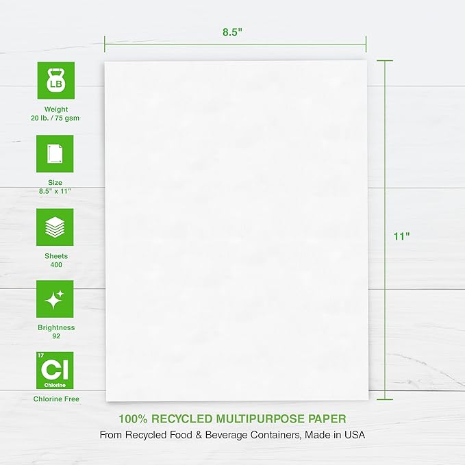 PrintWorks 100% Recycled Printer Paper 8.5" x 11" White - 20 lb Copy & Multipurpose Computer Paper - 3 Packs, 1200 Sheets - Made in the USA - 92 Bright - Printer & Copier Compatible (00018-3)-DeskLoop Office