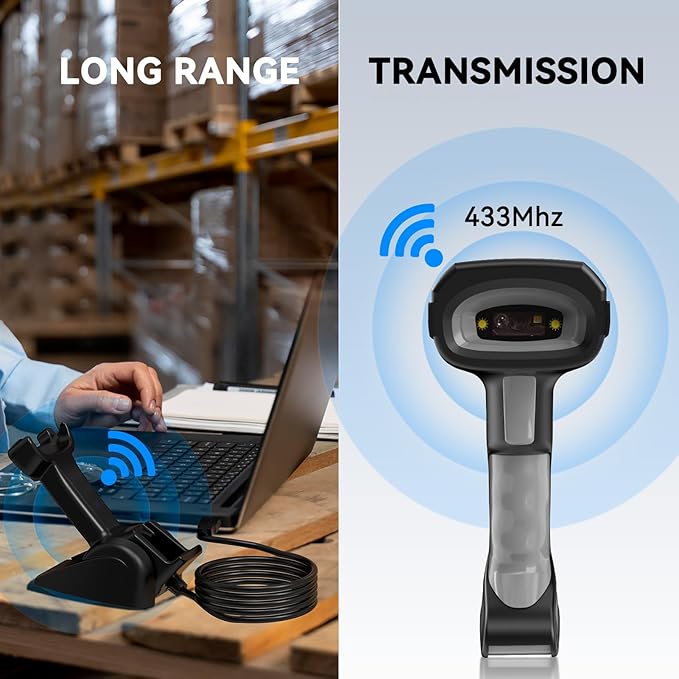 Alacrity Long-Range Scanning Industrial Barcode Scanner, 1D/2D Symbologies, Wireless Charging, Long-Distance 433MHz Wireless & Bluetooth Connectivity, Shock and Dust-Proof Barcode Reader, Green-DeskLoop Office