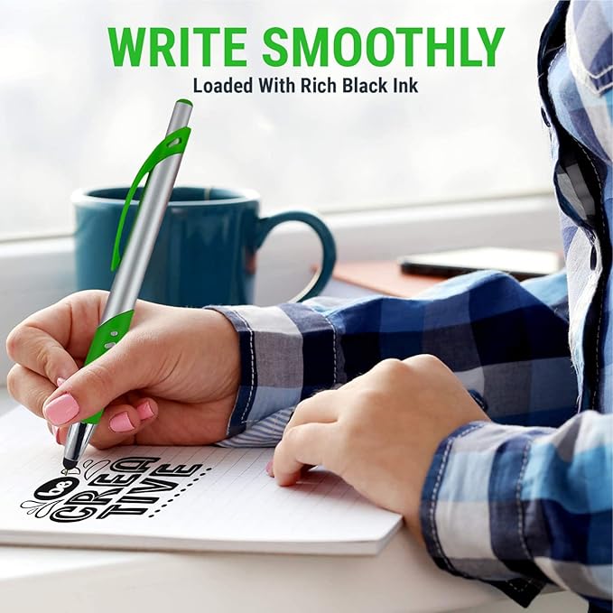Personalized Pens With Custom Logo or Text-300 Pack Bulk-for Businesses, Parties, and Events, 2 in 1 Ballpoint Pen & Capacitive Stylus for Touchscreen Devices, Click Action, Black Ink, Light Green-DeskLoop Office