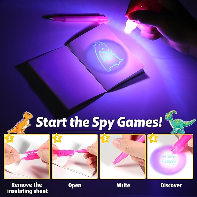 Invisible Ink Pens with UV light for Kids, Spy Pen Dinosaur Party Favors for Kids 8-12, 24Pack Invisible Ink Pen and Notebook, Magic Marker for Secret Message Birthday Party Favors for Kid 4-8-DeskLoop Office