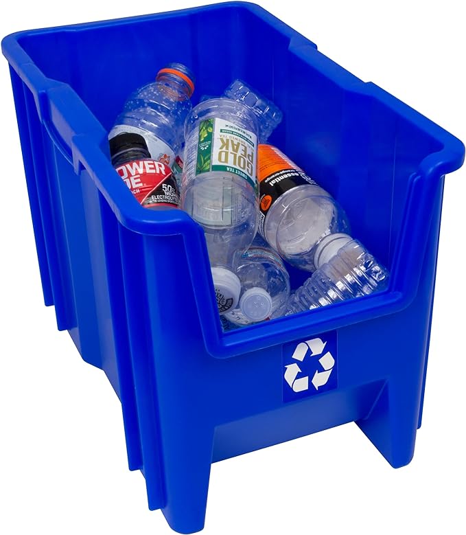 Commercial Industrial Heavy Duty Stackable Open-Front Recycling Bin Box Containers, 7 Gallon, 4 Pack, Blue-DeskLoop Office