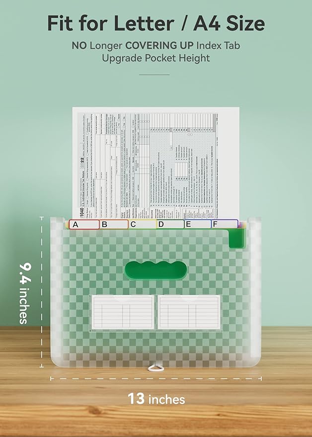 ABC life 26 Pockets Accordian File Folder Organizer Letter Size Expanding File Folder, A4 Portable Document Paper School Organizer, Expandable Multicolor Accordion Filing Folders with Labels(Green)-DeskLoop Office