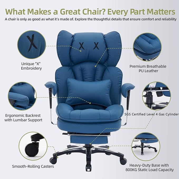 Efomao Big and Tall Office Chair with Footrest – High Back Computer Chair with Adjustable Armrests,Executive Office Chair with Wide Seat, Modern Desk Chair for Home Office, Gaming, or Study, Blue-DeskLoop Office