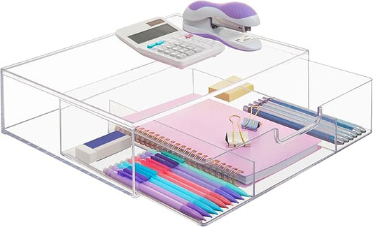 STORi STAX Plastic Stackable Organizer Divided Drawer in Clear | 12.5-inches Wide | 3-Compartments to Organize Office Desk Accessories, Pens, and Notepads| Made in USA-DeskLoop Office