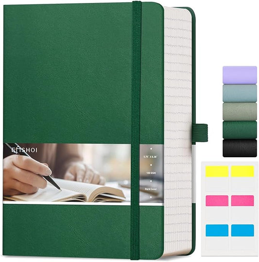 EMSHOI A5 College Ruled Notebook Journal- 400 Pages (200 sheets), 7mm Spacing & Vegan Leather Cover for Work, School, Bible Study, Bullet Journaling- with Sticky Notes, Pocket & Pen Holder- Dark Green-DeskLoop Office