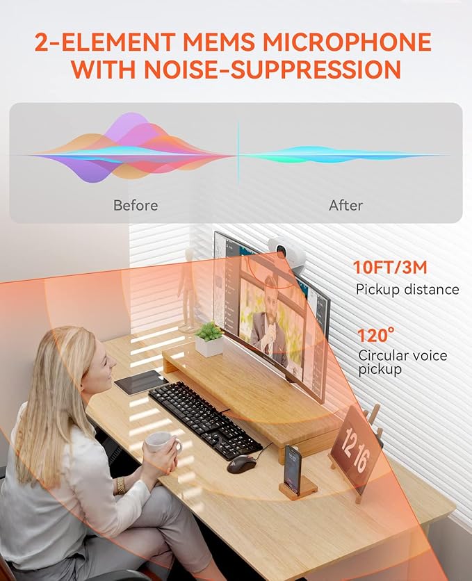 NUROUM V15AF 2K Webcam for PC, 1080p 60FPS AutoFocus Web Camera with Microphone, Privacy Cover and Mute, 75°FOV Dual Microphone USB FHD Computer Camera, Plug and Play for Zoom/Skype/Teams, White-DeskLoop Office