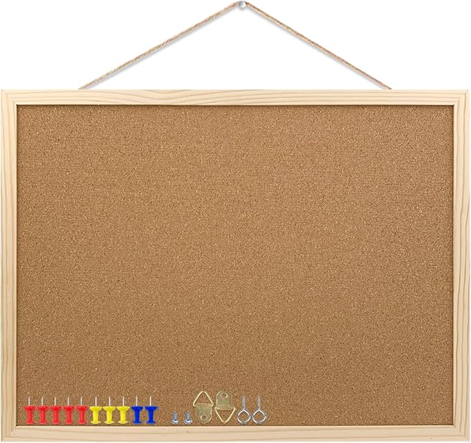 Cork Bulletin Board, 17.7X 13.3 Inches with Oak Wood Finish Frame, Wall Mounted for Office Home and School(Pins, Eye Bolts, gaskets, Screws)-DeskLoop Office