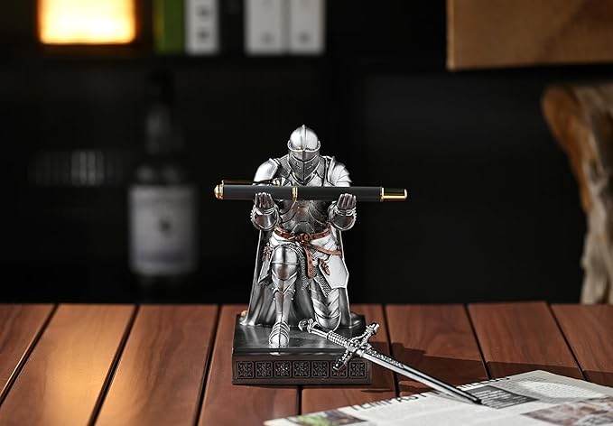 Medieval Armored Warrior Wearing Outerwear, Mobile Phone Stand Knight Pen Holder Desk Organizers, Resin Bookends Paperweight with a Letter Opener for Desk (Silver)-DeskLoop Office
