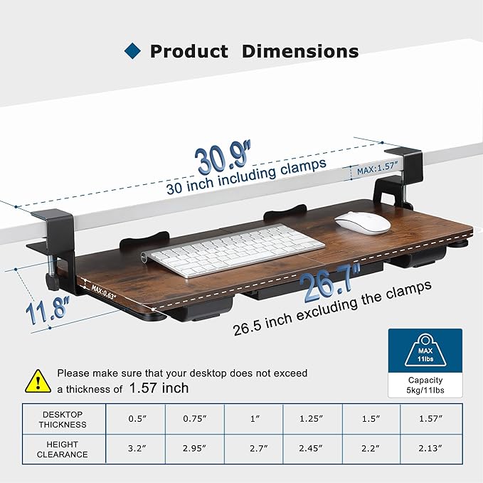Keyboard Tray Under Desk with Drawer,26.77" X 11.81"Large Size Keyboard Tray with C Clamp-on Mount, Easy to Install, for Home Office (Mahogany)-DeskLoop Office