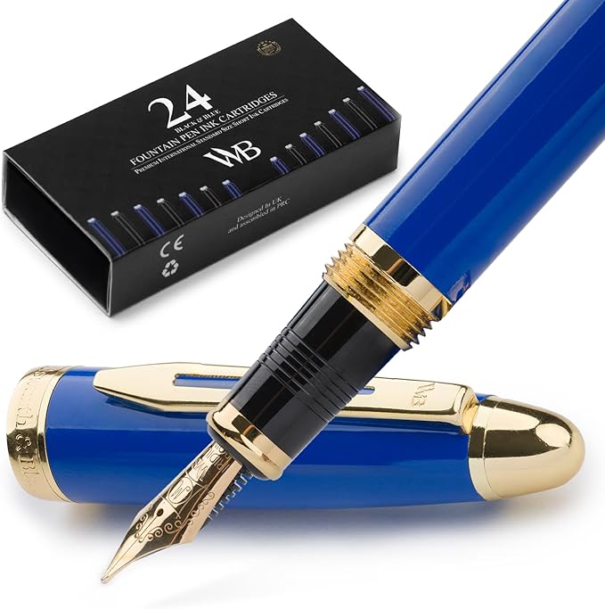 Wordsworth & Black Majesti Fountain Pen-(Blue), Luxury Case, 24K Gold Finish; 18K Gilded Medium Nib- Ink Cartridges, Refillable Ink Converter-Calligraphy Pen-Best Business Gift Set for Men & Women-DeskLoop Office