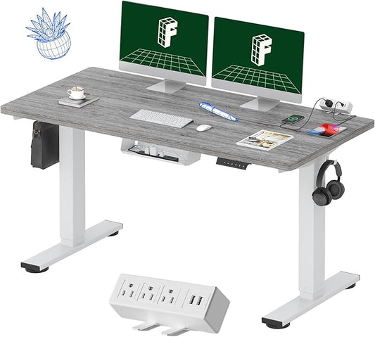 FLEXISPOT EN2 Whole-Piece Standing Desk with Clamp Power Strip, 55 x 28 Electric Stand Up Height Adjustable Desk with Cable Management (White Frame + 55" Gray Wood Grain Top,2 Packages)-DeskLoop Office