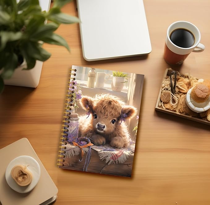 Floral Highland Cow Notebook - Western Cow Notebook, Highland Cow Office Supplies, Highland Cow Gifts, Cow Lover Gifts, Cute Cow Stuff, Cute Highland Cow with Lavender Spiral Notebook 5.5x8.3-DeskLoop Office