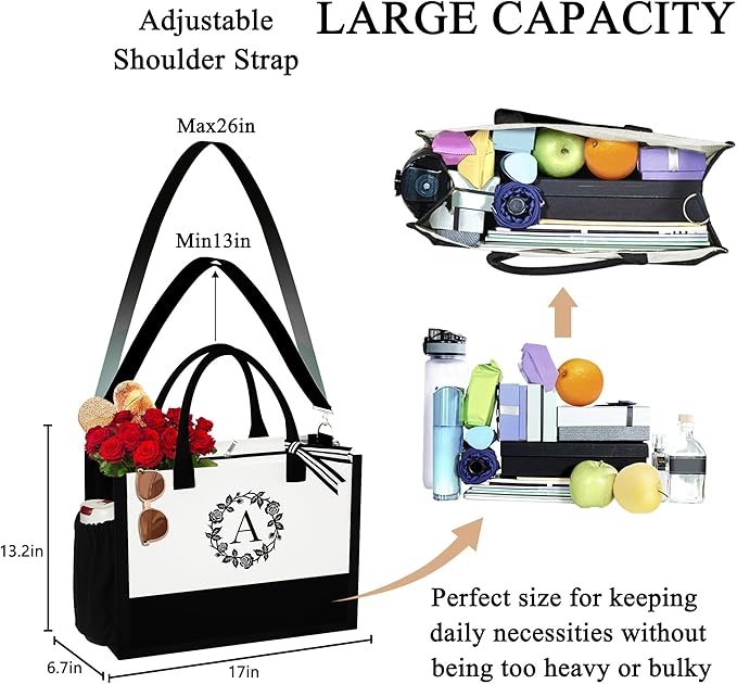 YOOLIFE Initial Tote Bag for Women, Personalized Gifts Beach Bag with Makeup Bag Teacher Gifts Unique Gifts for Women Her Sister Friends Birthday Gifts for Women Mom Wife Wedding Gifts Bag Letter P