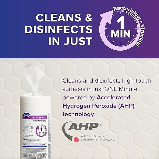 Oxivir Diversey Tb 5388471 Ready-to-Use Disinfectant Cleaning Wipes, Accelerated Hydrogen Peroxide, Large 7x8-Inch Sheets, 60-Wipes, 1-Slim Canister (Pack of 12)-DeskLoop Office