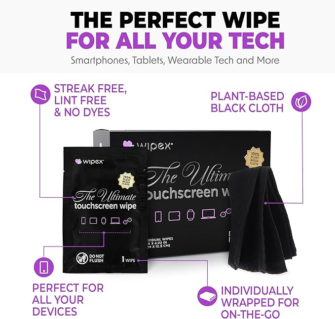 Wipex Ultimate Car Screen Cleaner - 48ct Auto Screen Wipes, Streak-Free & Residue-Free, Plant-Based Black Cloth for Interior, Mirrors & Dashboard, 24ct Individually Wrapped (Pack of 2)-DeskLoop Office
