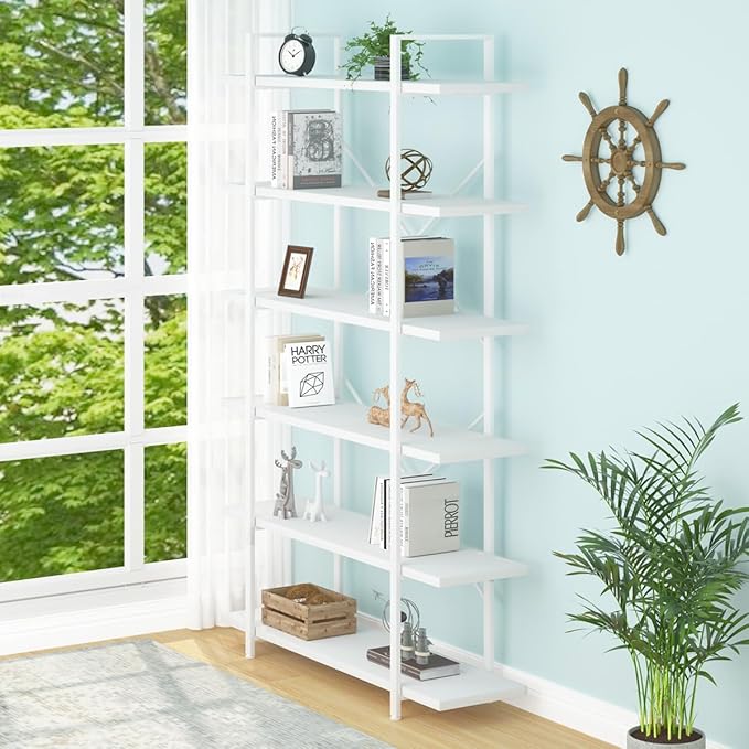 HSH 6 Tier Tall White Bookshelf, Industrial Modern Vertical Metal and Wood White Bookcases 6 Shelf,Farmhouse Open Large Storage Book Shelves & Display Book Shelf for Bedroom Living Room Office-DeskLoop Office