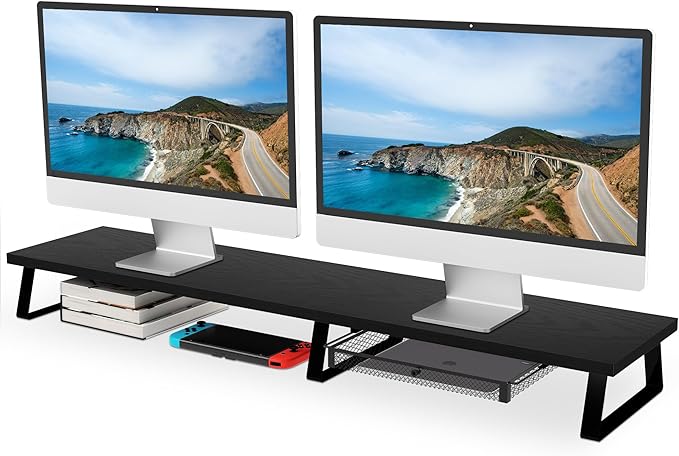 Aothia Large Dual Monitor Stand Riser - Monitor Stand For 2 Monitors, Monitor Stand With Drawer,Desk Shelf For Monitor, Wood Monitor Riser Stand with Storage Organize For Pc,Tv,Laptop,Screen (Black)-DeskLoop Office