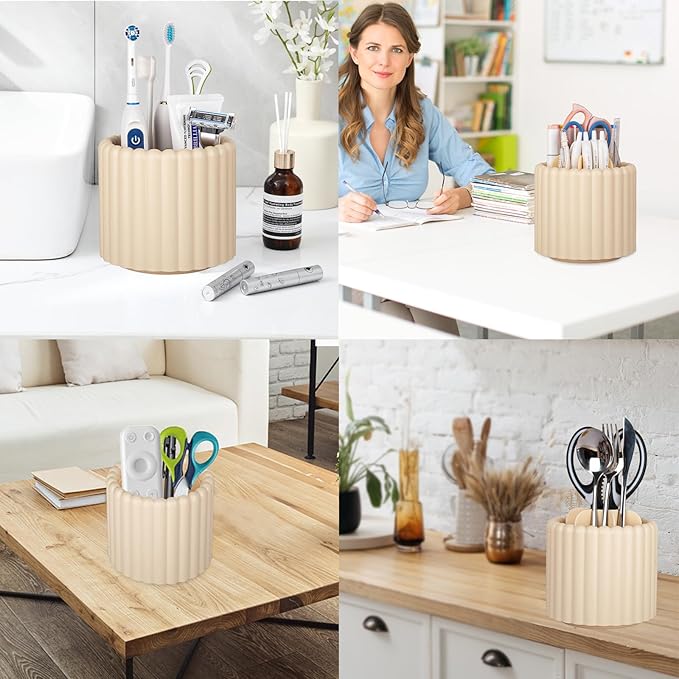 Anyoifax 360 Rotating Makeup Brush Holder 7 Slots Make Up Brush Organizer Removable Spinning Cosmetic Brushes Storage Pen Holder for Vanity, Dresser, Desk, Beige-DeskLoop Office