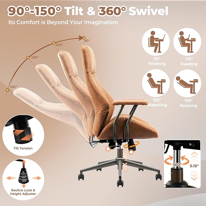 ovios Ergonomic Home Office Chair, Mid-Century Modern Faux Leather Chairs with Padded Armrests, Comfy High Back Swivel Rolling Executive Computer Armchair (Brown, Suede Leather)-DeskLoop Office