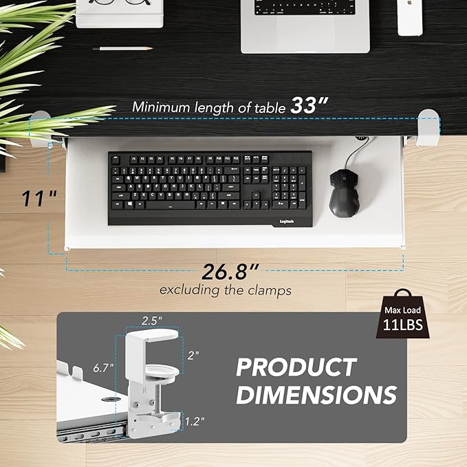 Keyboard Tray Under Desk Pull Out with Extra Sturdy C Clamp Mount System, 27.3 (32.5 inch Including Clamps) x 11 Inch Slide-Out Platform Computer Drawer for Typing White AX01WW01-DeskLoop Office