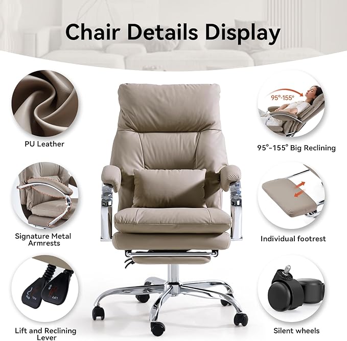 LEAGOO Reclining Office Chair with Foot Rest, Executive Office Chairs with Arms, Ergonomic High Back PU Leather Comfy Swivel Computer Desk Chairs with Wheels and Lumbar Support for Home Office, Khaki-DeskLoop Office