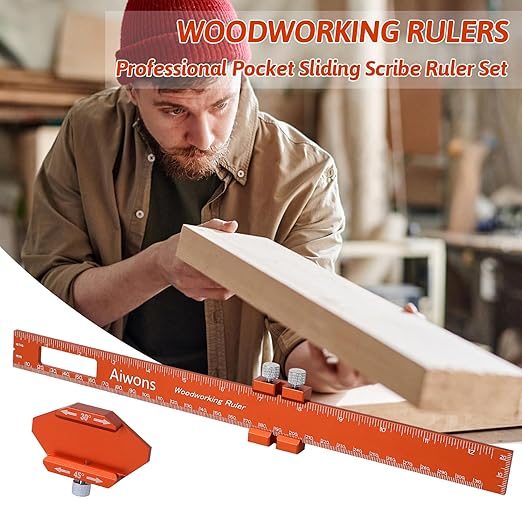 Woodworking Ruler Pocket Rule -12/8/6 Inch Precision Pocket Ruler with 45°& 30°Metal Slide Stop - Wood Marking Ruler Metric Inch Measuring Scribing Rulers - Aluminum Alloy Square Ruler-DeskLoop Office