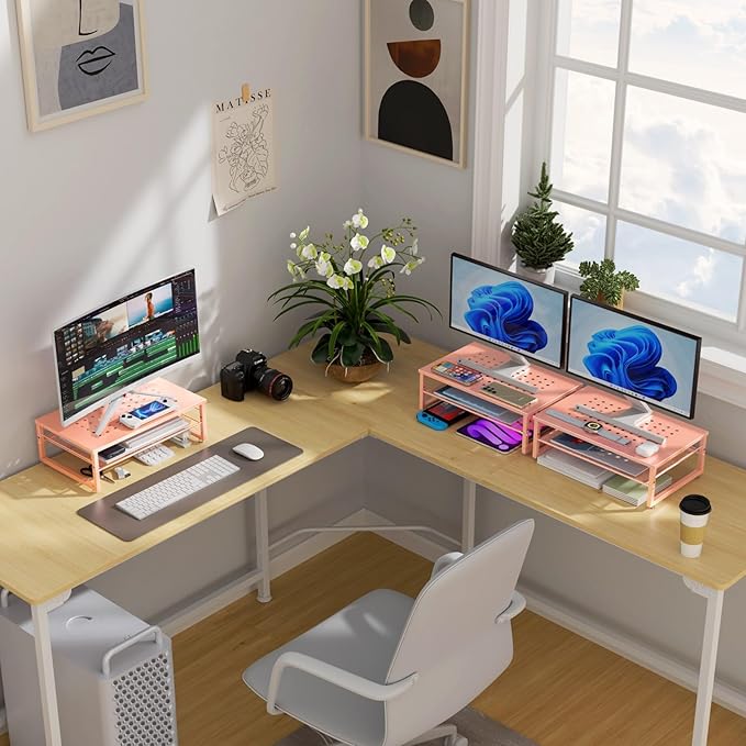 gianotter 2-Tier Metal Monitor Stand Riser, Desk Organizer for Monitor, Office Desk Storage Organizer for Office Supplies (Rose Gold)-DeskLoop Office