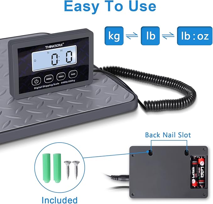THINKSCALE Shipping Scale, 440 lbs/1 oz Highly Accurate Postal Scale with Hold/Tare/LCD Display, Lightweight Digital Postage Scale for Packages/Luggage/Post Office/Dog, Battery & AC Adapter Included-DeskLoop Office