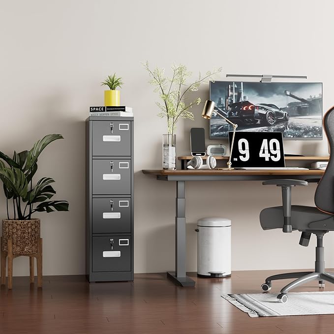 4 Drawer Metal Vertical File Cabinet with 4 Independent Locks, Home Office File Cabinet with Card Holder for Letter/Legal/A4 Folders, Black Filing Cabinet, Assembly Required, 4 Drawers-DeskLoop Office
