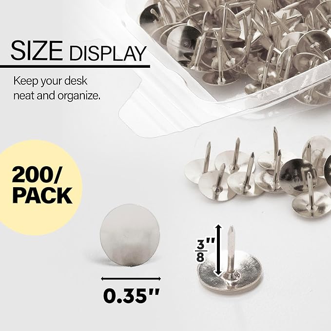 BAZIC Push Pins, Nickel Silver Flat Head Steel Point Thumb Tacks Pin for Cork Bulletin Board Map Posters Picture Office School (200/pack), 1-Pack…-DeskLoop Office
