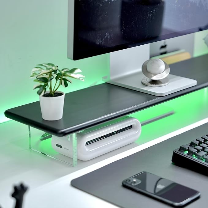 Bamboo Monitor Stand Riser with RGB Lights,31.5 Inches Desktop Shelf with Acrylic Legs Supports for Desk, PC Computer Monitor, Laptops, Printer, Speakers (Black)-DeskLoop Office