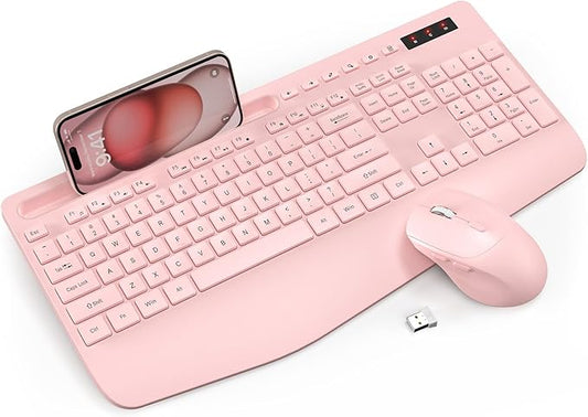 Wireless Keyboard and Mouse Combo - Full-Sized Ergonomic Keyboard with Wrist Rest, Phone Holder, Sleep Mode, Silent 2.4GHz Cordless Keyboard Mouse Combo for Computer, PC, Laptop, Mac, Windows -Trueque-DeskLoop Office