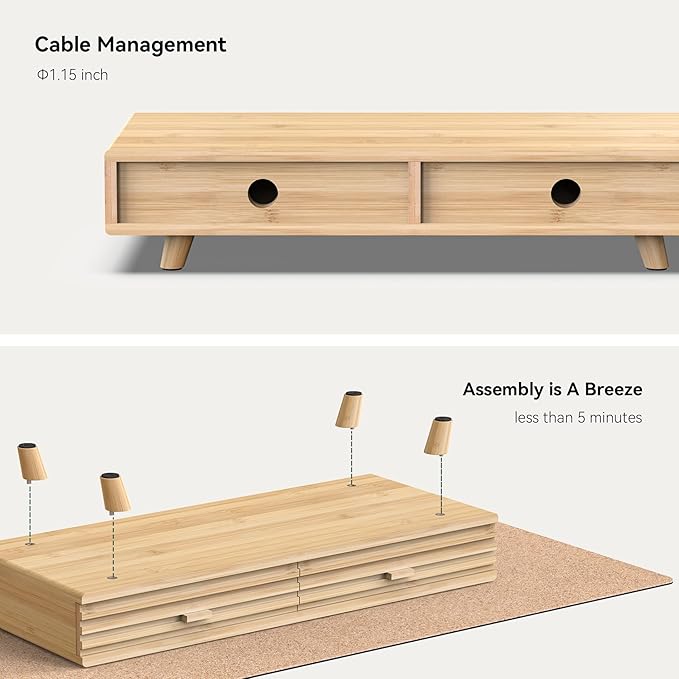 Bamboo Monitor Stand with Drawer - Desk Organizer with Cable Management & Storage, Ergonomic Laptop Riser for Home Office (220lbs Capacity, 24 inch ,Natural)-DeskLoop Office
