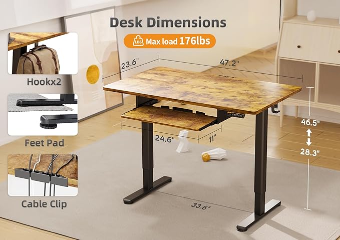 YDN Standing Desk with Keyboard Tray, 48 Inch Height Adjustable Desk, Brown Stand Up Desks for Home and Office, 48inch Rustic Brown-DeskLoop Office