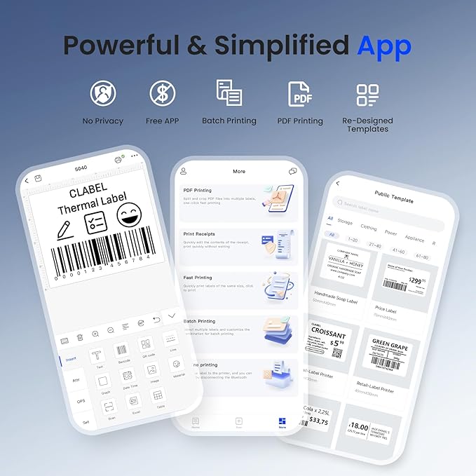 CLABEL Thermal Label Maker Machine: 221B Bluetooth Label Maker Machine with Tape Mini Sticker Printer Barcode Printer Compatible with Smartphone with 3 Roll 40x30mm,50x30mm,50x80mm Label (Black)-DeskLoop Office