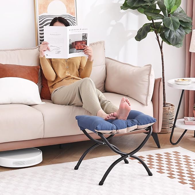 LITA Folding Upholstered Footrest Stool, Modern Small Portable Accent Ottoman with Detachable Thick Cotton Cushion Padded Sofa Stool with Metal Frame for Lazy Chair, Living Room & Bedroom, Royal Blue-DeskLoop Office