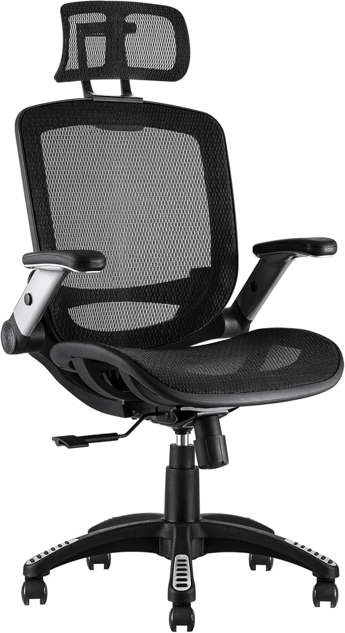 GABRYLLY Ergonomic Office Chair, High Back Home Desk Chair with Headrest, Flip-Up Arms, 90-120° Tilt Lock and Wide Cushion, Big and Tall Mesh Chairs for Man Woman, Black Task Chair-DeskLoop Office