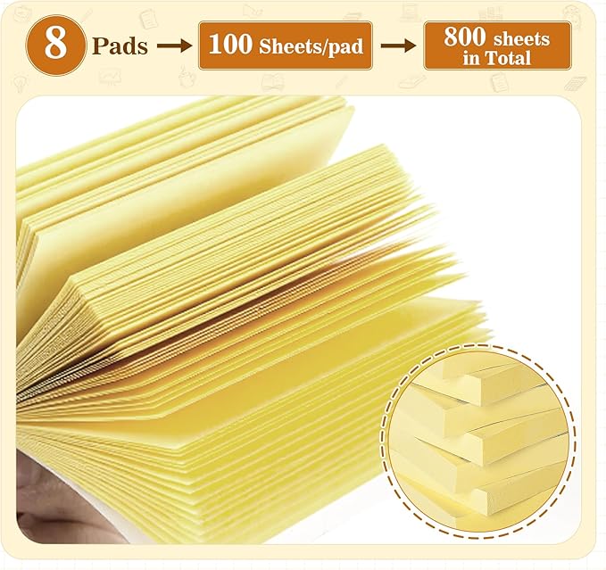 (8 Pack) Large Sticky Notes 3x5 in Yellow, 800 Pcs Self-Stick Notes,100 Sheets/Pad Super Adhesive Sticky Pads Recyclable for Home, Office, Notebook, Clean Removal-DeskLoop Office